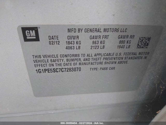2012 CHEVROLET CRUZE LT VIN: 1G1PE5SC7C7283070