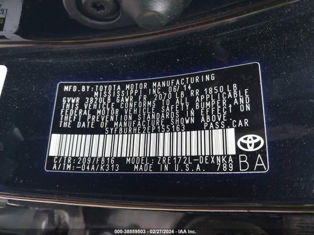 Toyota COROLLA LE 2014 5YFBURHE2EP155163 Image 9
