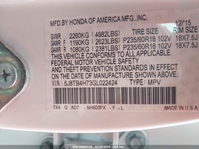 5J8TB4H73GL022424 Acura Rdx Advance Package