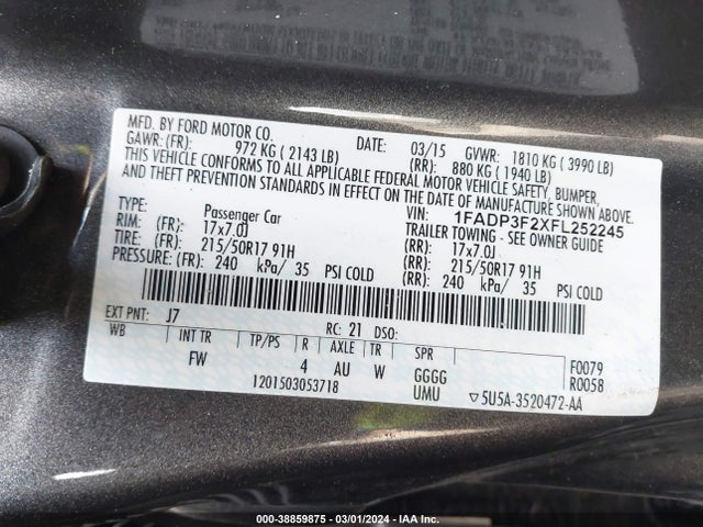 2015 FORD FOCUS SE VIN: 1FADP3F2XFL252245