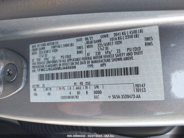 Ford ESCAPE SE 2021 1FMCU9G68MUA86698 Image 9