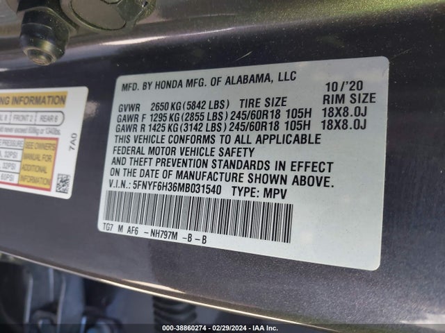 Honda Pilot Awd Ex 2021 5FNYF6H36MB031540 Image 9