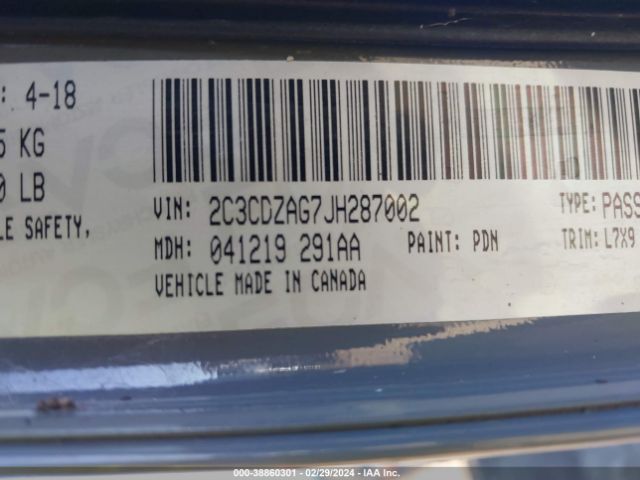 2C3CDZAG7JH287002 Dodge Challenger Sxt
