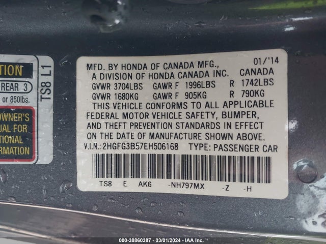 Honda Civic Lx 2014 2HGFG3B57EH506168 Image 9
