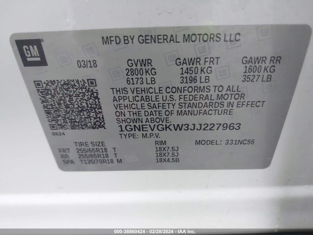 Chevrolet Traverse 1lt 2018 1GNEVGKW3JJ227963 Image 9