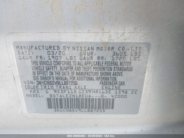 Nissan Versa S Xtronic Cvt 2020 3N1CN8DV9LL887255 Image 9