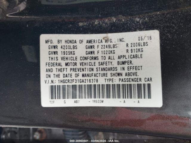 1HGCR2F31GA216378 Honda ACCORD LX