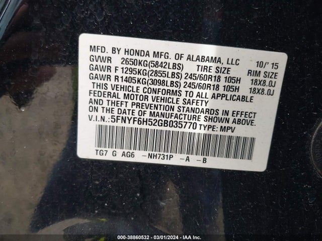 Honda Pilot Ex-l 2016 5FNYF6H52GB035770 Image 9