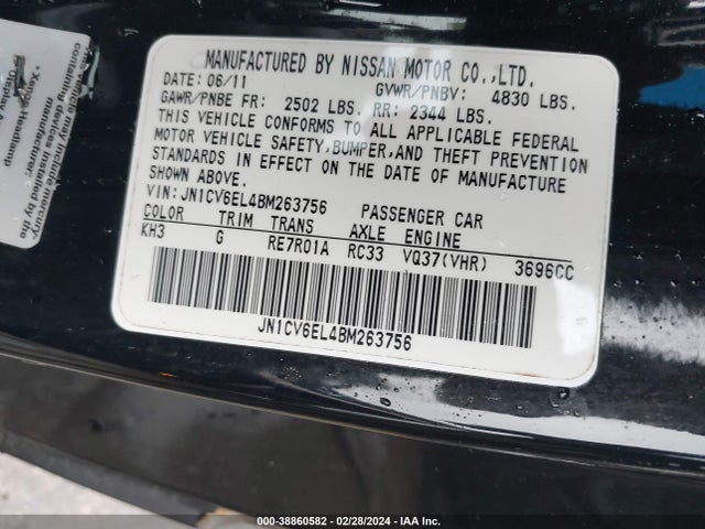 Aukcja sprzedaży 2011 Infiniti G37x, vin: JN1CV6EL4BM263756, numer aukcji: 38860582