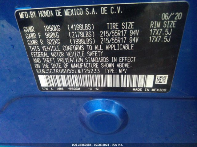 3CZRU6H55LM725233 Honda Hr-v Awd Ex