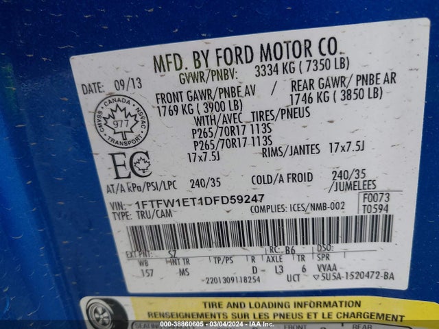2013 FORD F-150 XLT VIN: 1FTFW1ET1DFD59247