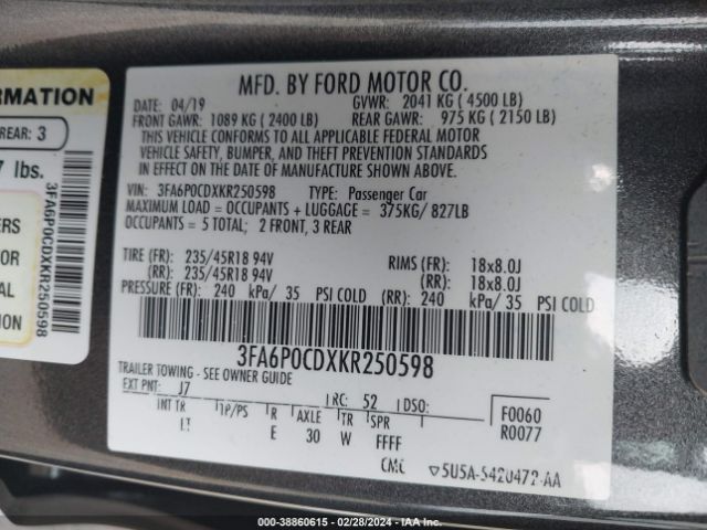3FA6P0CDXKR250598 Ford FUSION SEL