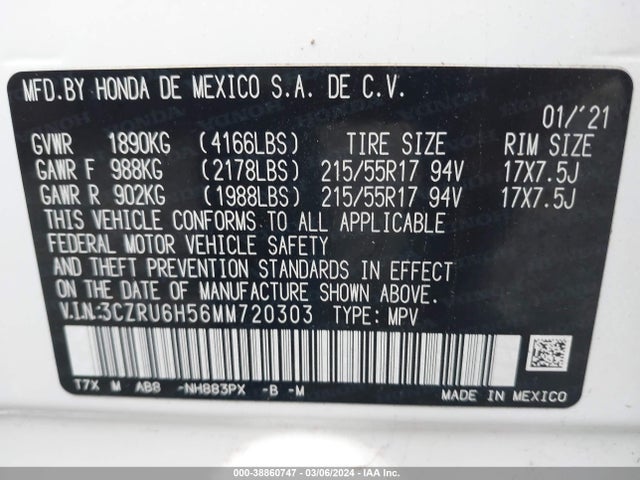 Honda Hr-v Awd Ex 2021 3CZRU6H56MM720303 Image 9