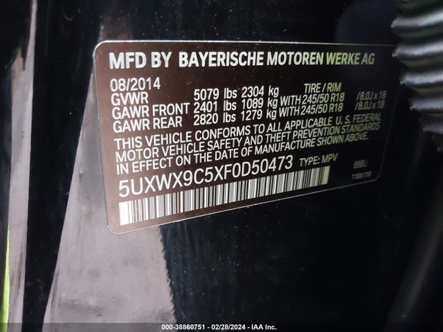 BMW X3 Xdrive28i 2015 5UXWX9C5XF0D50473 Image 9