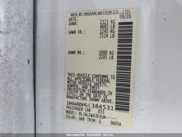 Nissan Maxima Sl Xtronic Cvt 2020 1N4AA6DV4LC384531 Image 9