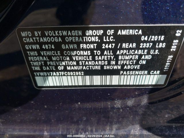 1VWBV7A37FC092952 Volkswagen Passat 2.0l Tdi Se
