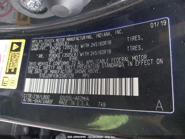 Toyota Highlander Xle 2019 5TDJZRFH3KS580128 Image 9