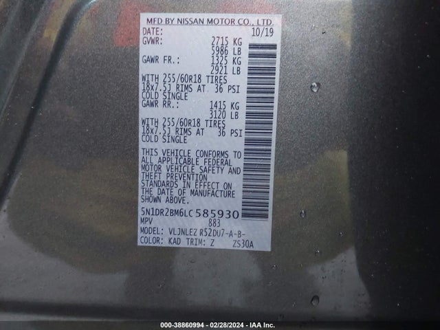 5N1DR2BM6LC585930 Nissan Pathfinder Sv 4wd