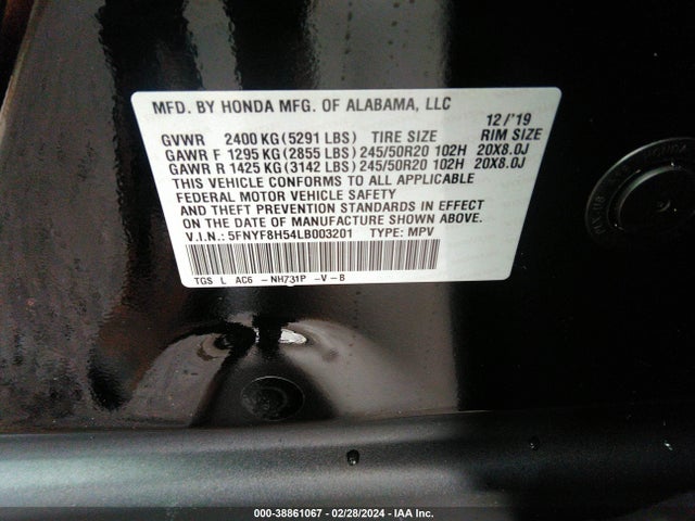 Honda Passport Awd Ex-l 2020 5FNYF8H54LB003201 Image 9