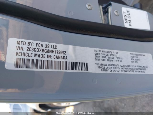 2C3CDXBG8NH172692 Dodge Charger Sxt Rwd