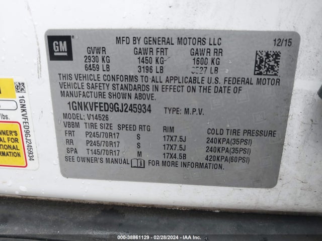 Chevrolet Traverse Ls 2016 1GNKVFED9GJ245934 Image 9