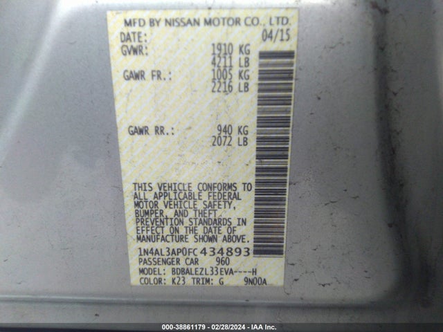 Nissan Altima 2.5 S 2015 1N4AL3AP0FC434893 Image 9