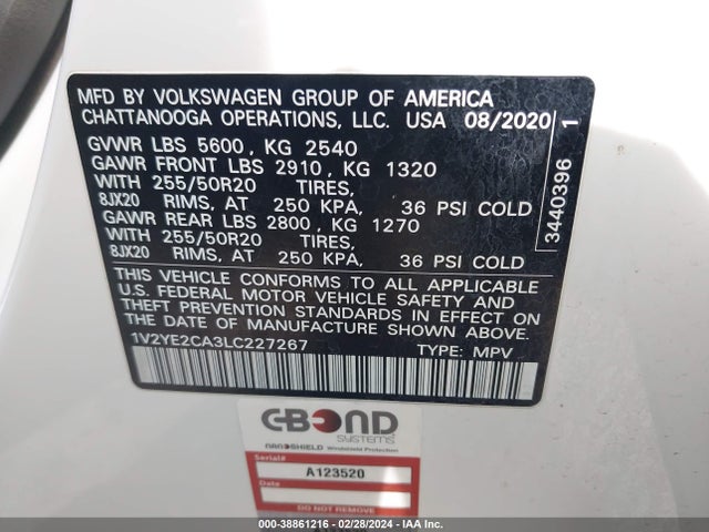 1V2YE2CA3LC227267 Volkswagen Atlas Cross Sport 3.6l V6 Se W/technology/3.6l V6 Se W/technology R-line