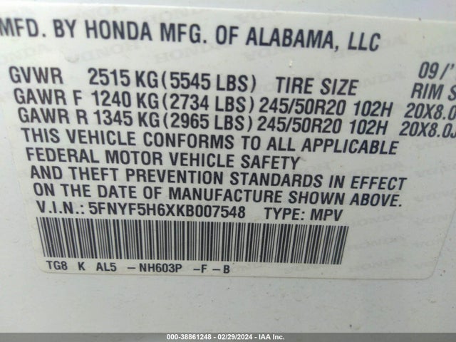 Honda Pilot Touring 2019 5FNYF5H6XKB007548 Image 9