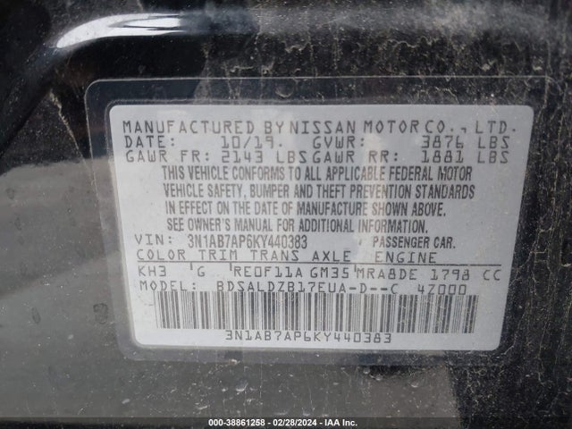 Nissan SENTRA SV 2019 3N1AB7AP6KY440383 Image 9