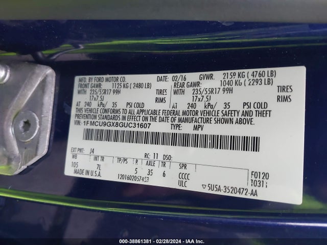 Ford ESCAPE SE 2016 1FMCU9GX8GUC31607 Image 9