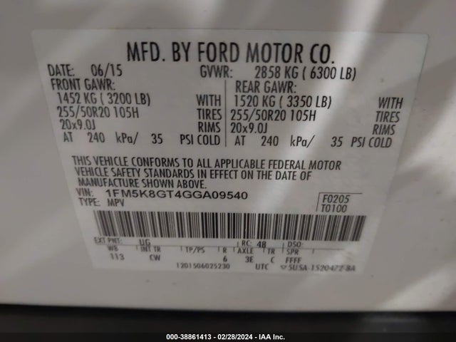 Ford EXPLORER SPORT 2016 1FM5K8GT4GGA09540 Image 9