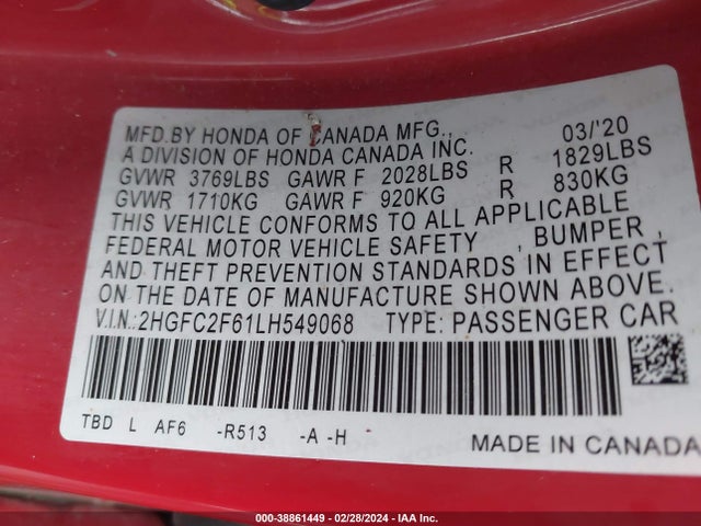 Honda Civic Lx 2020 2HGFC2F61LH549068 Image 9