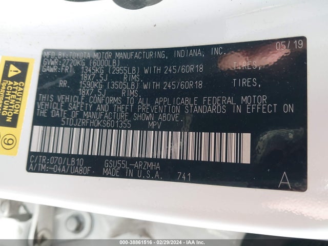 Toyota Highlander Xle 2019 5TDJZRFH0KS601355 Image 9