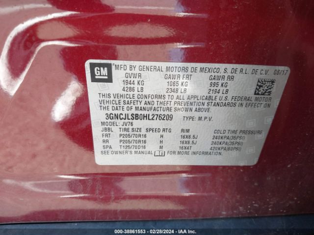 3GNCJLSB0HL276209 Chevrolet Trax Lt