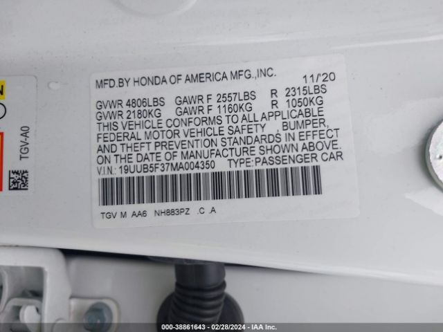 19UUB5F37MA004350 Acura Tlx Standard