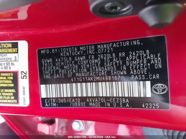 Toyota CAMRY SE 2021 4T1G11AK2MU488167 Image 9