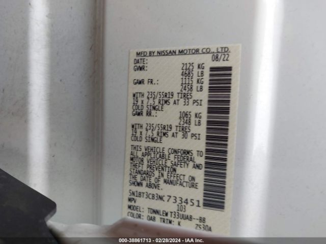 5N1BT3CB3NC733451 Nissan Rogue Sl Intelligent Awd