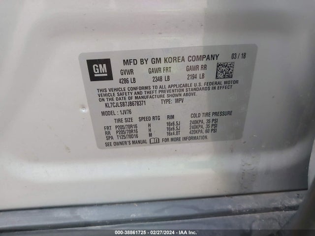 Chevrolet Trax Lt 2018 KL7CJLSB7JB678371 Image 9