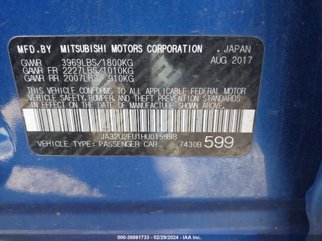 Mitsubishi Lancer Le 2017 JA32U2FU1HU015998 Image 9