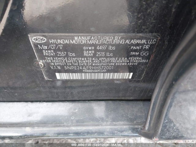 Hyundai SONATA 2017 5NPE24AF9HH572001 Image 9