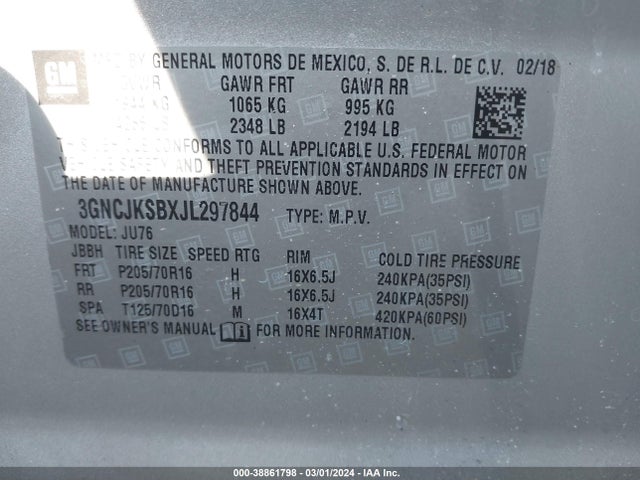 Chevrolet TRAX LS 2018 3GNCJKSBXJL297844 Image 9