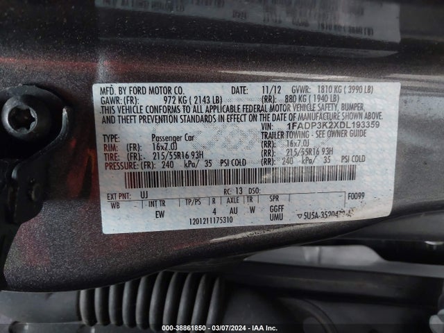 2013 FORD FOCUS SE VIN: 1FADP3K2XDL193359