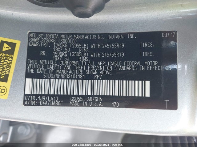Toyota Highlander Limited 2017 5TDDZRFH8HS404181 Image 9