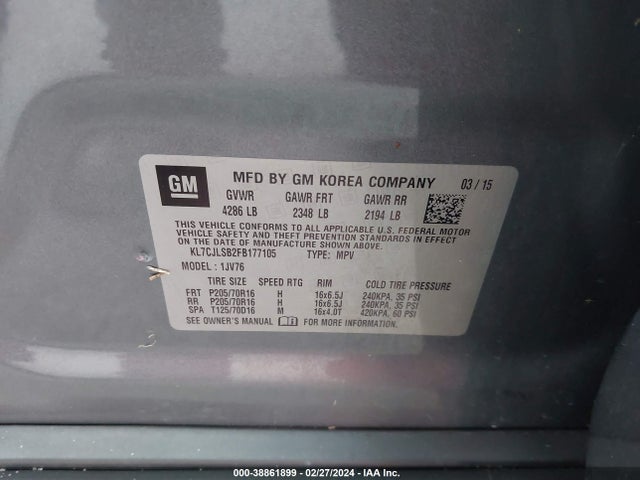 Chevrolet Trax Lt 2015 KL7CJLSB2FB177105 Image 9