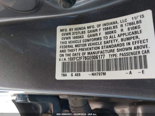Honda CIVIC EX 2016 19XFC2F78GE006177 Image 9