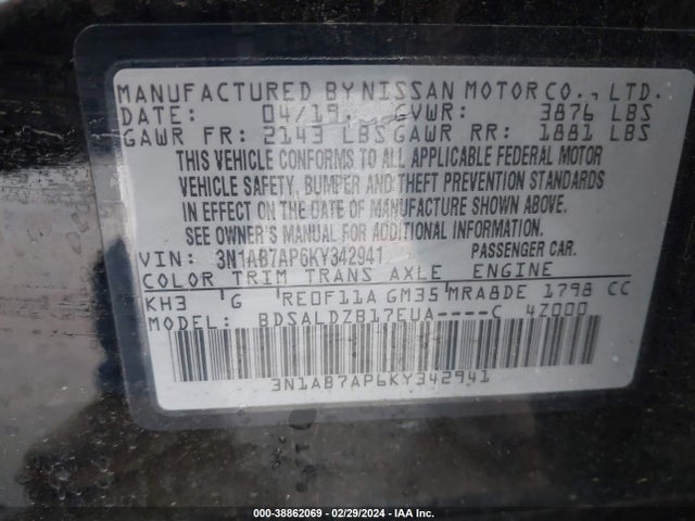 Nissan SENTRA SV 2019 3N1AB7AP6KY342941 Image 9