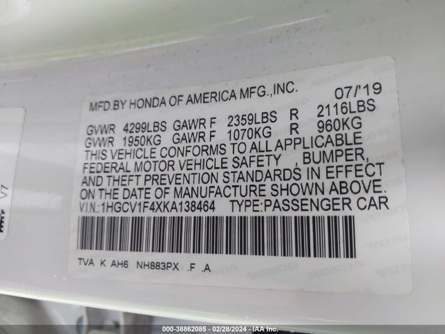 Honda ACCORD EX 2019 1HGCV1F4XKA138464 Image 9