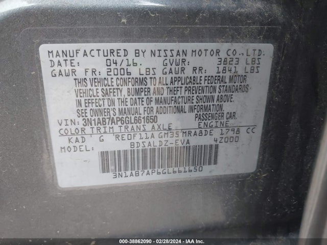 Nissan SENTRA SV 2016 3N1AB7AP6GL661650 Image 9