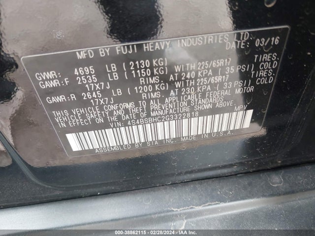 Subaru Outback 2.5i Premium 2016 4S4BSBHC2G3322818 Image 9