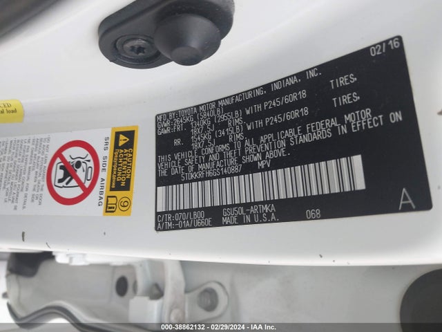 Toyota Highlander Xle V6 2016 5TDKKRFH6GS140887 Image 9
